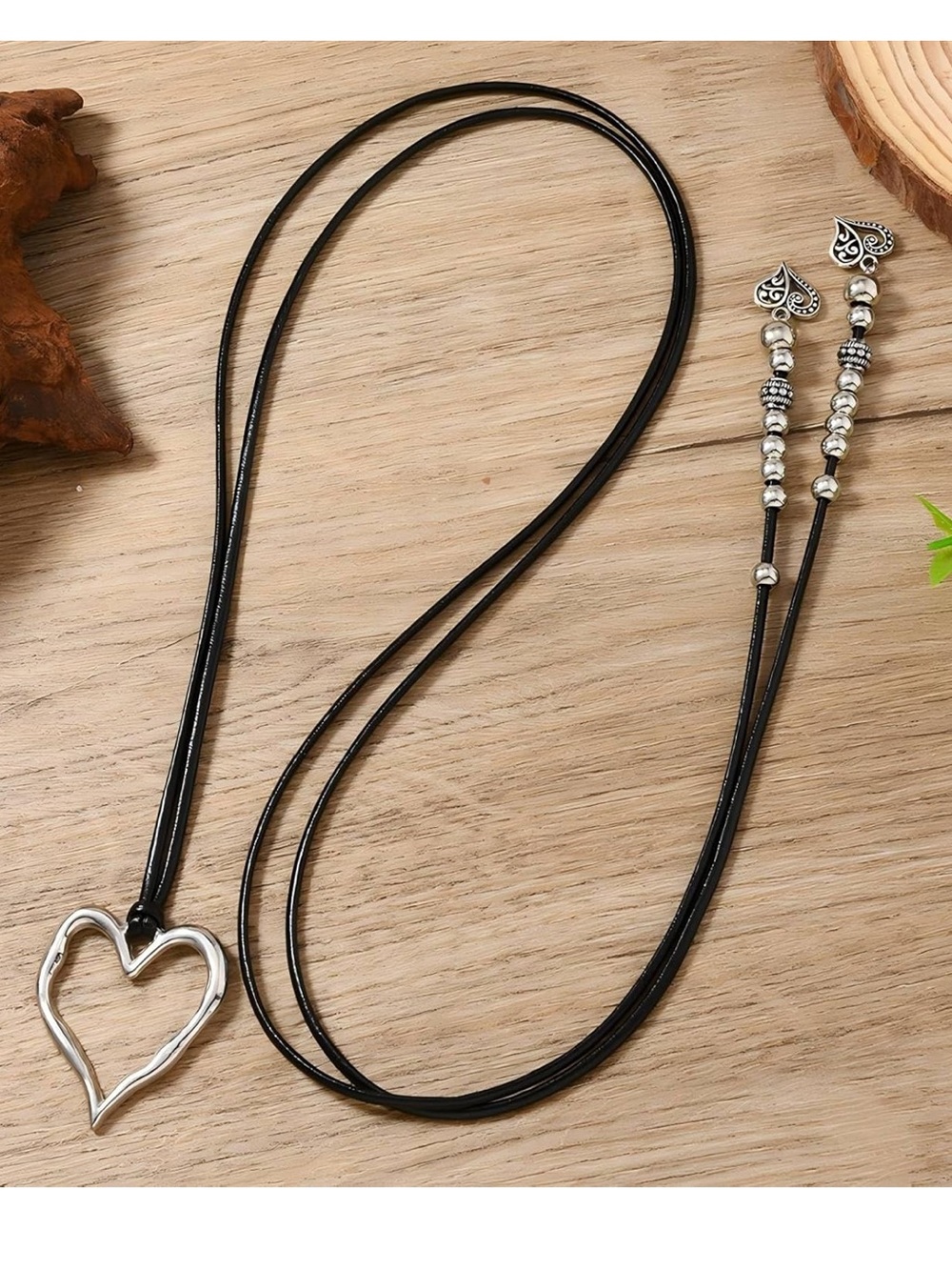 Black Leather Cord Heart Pendant Necklace - Unbranded